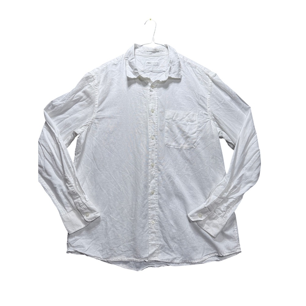 Zara Button Down Shirt Mens XXL White Linen Blend Long Sleeve